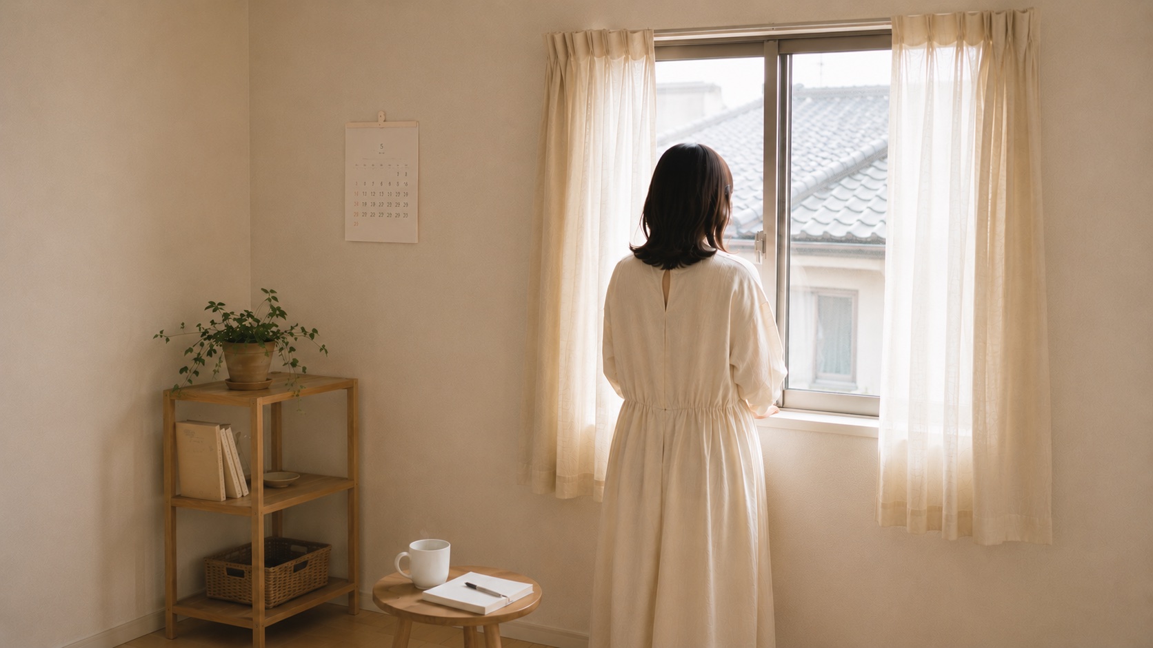 窓辺の朝、テーブルで本を読みながらふと立った はるか・27歳・敏感肌のブロガー