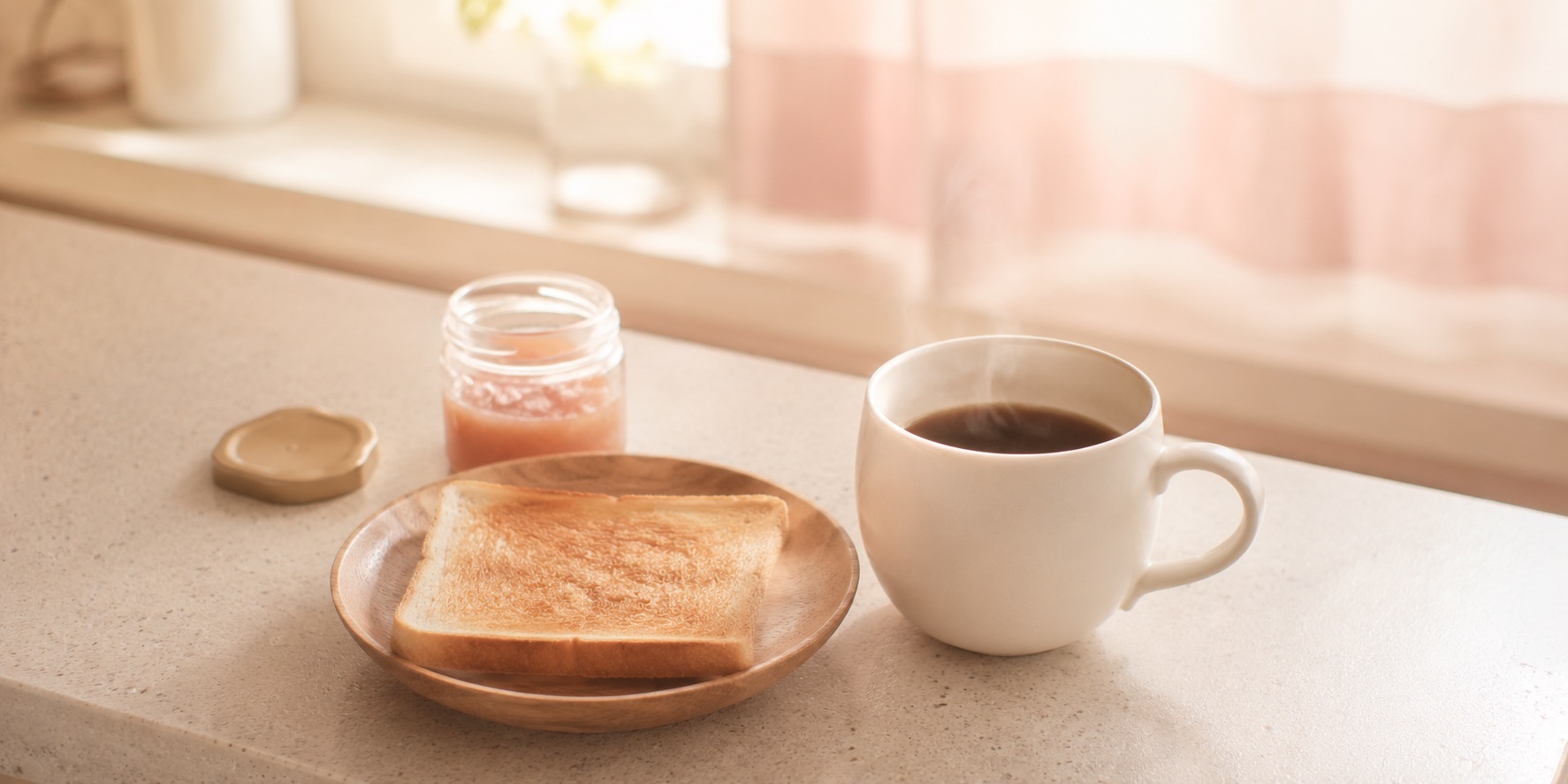 朝のキッチン・コーヒーマグとトースト