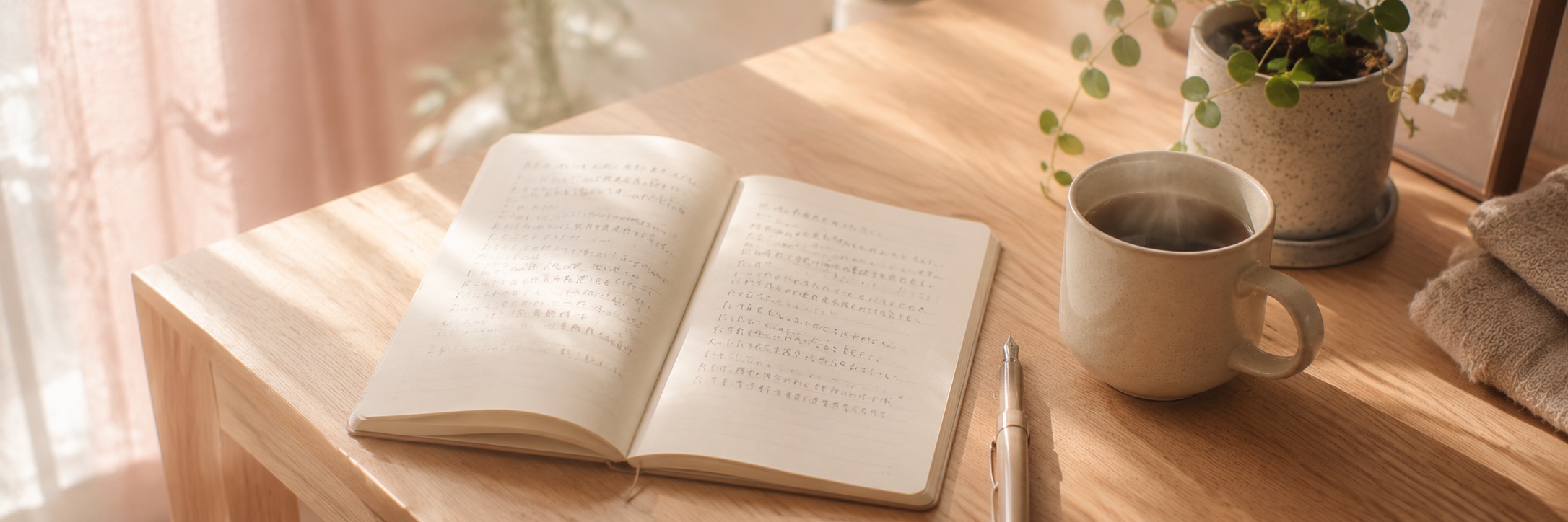 木目デスクの上の手書きノートと万年筆・朝の自然光