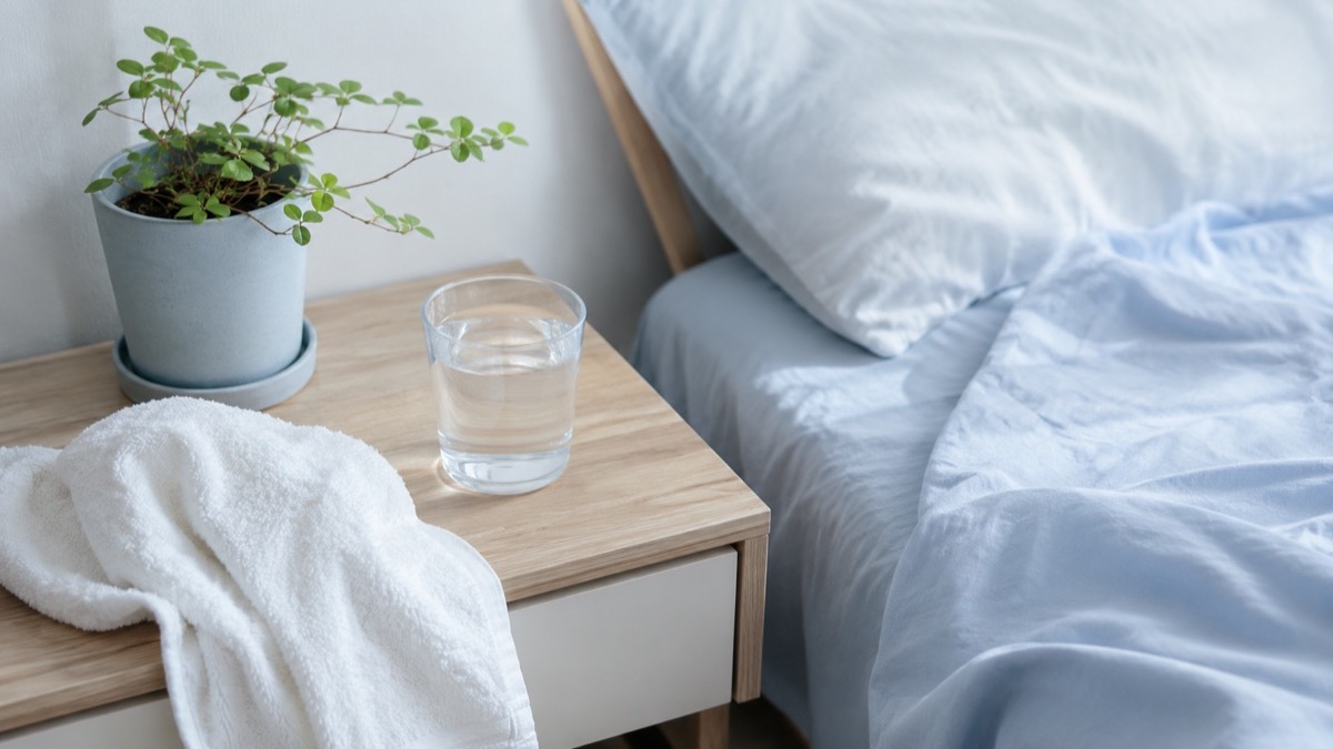 枕元のコップ一杯の水と濡れタオル