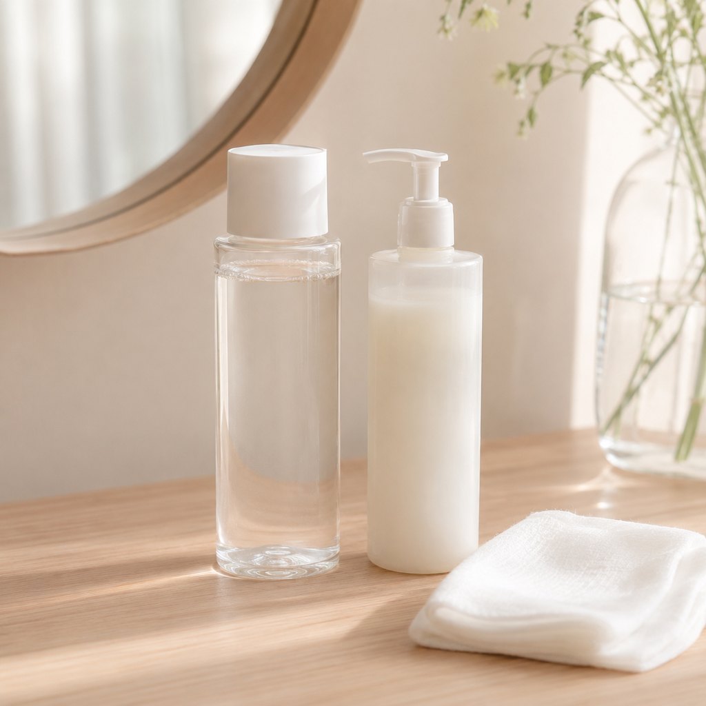 木の化粧台に並ぶ化粧水と乳液のボトルとコットン