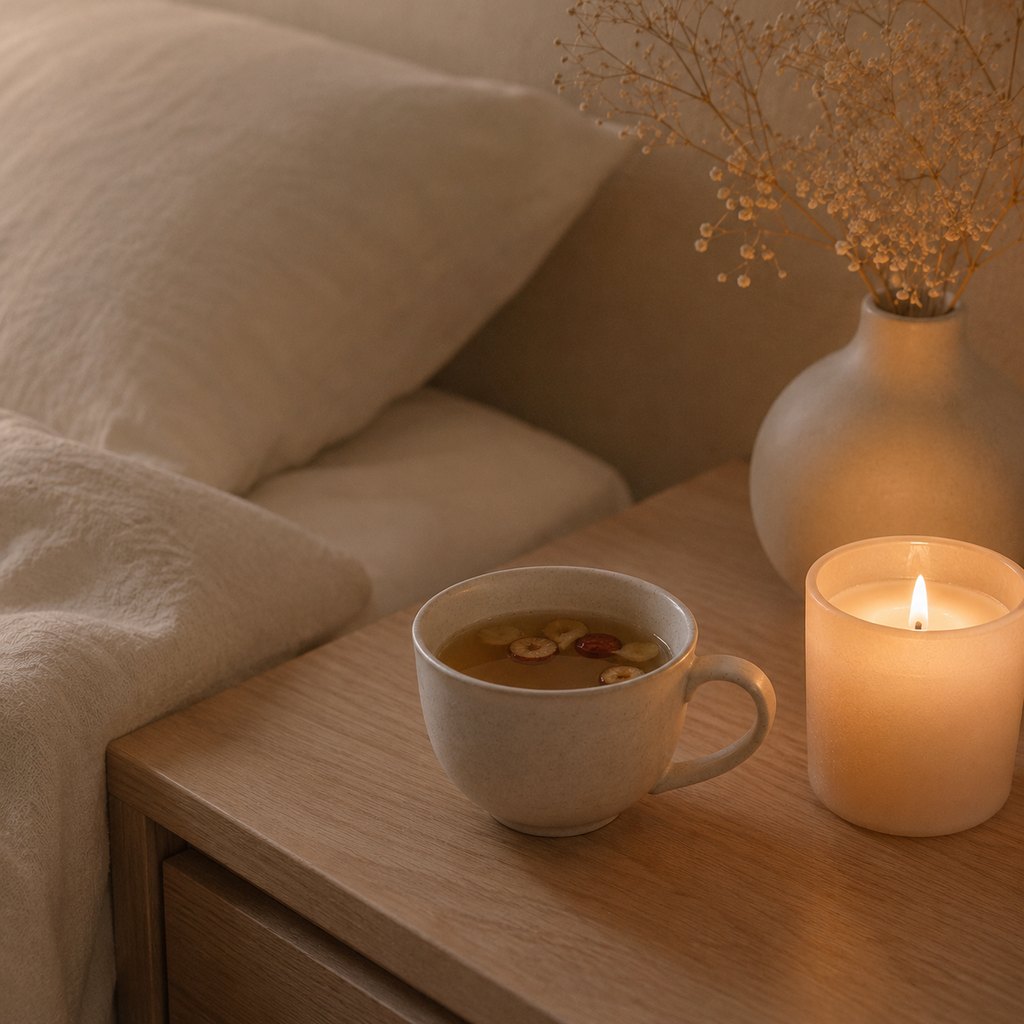 夜のベッドサイドの温かいお茶とキャンドル