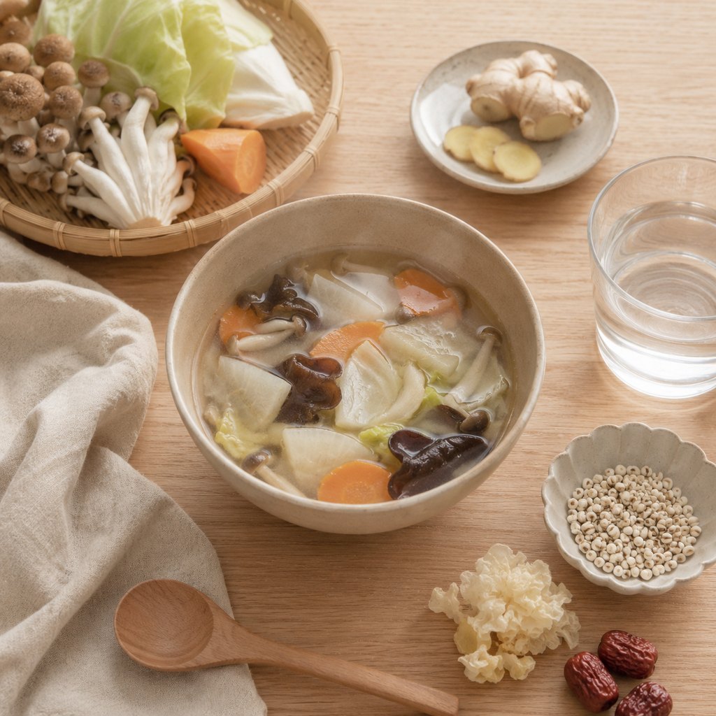 野菜と白きくらげの温かいスープの俯瞰
