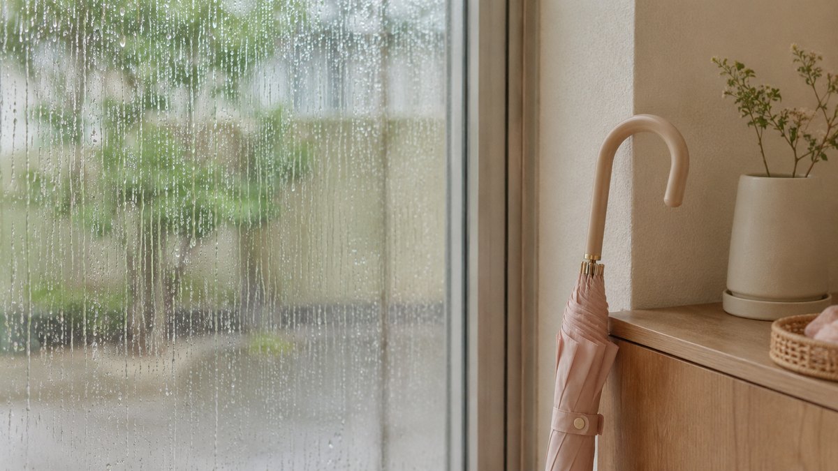雨粒のついた窓辺と玄関に立てかけたパステルの傘