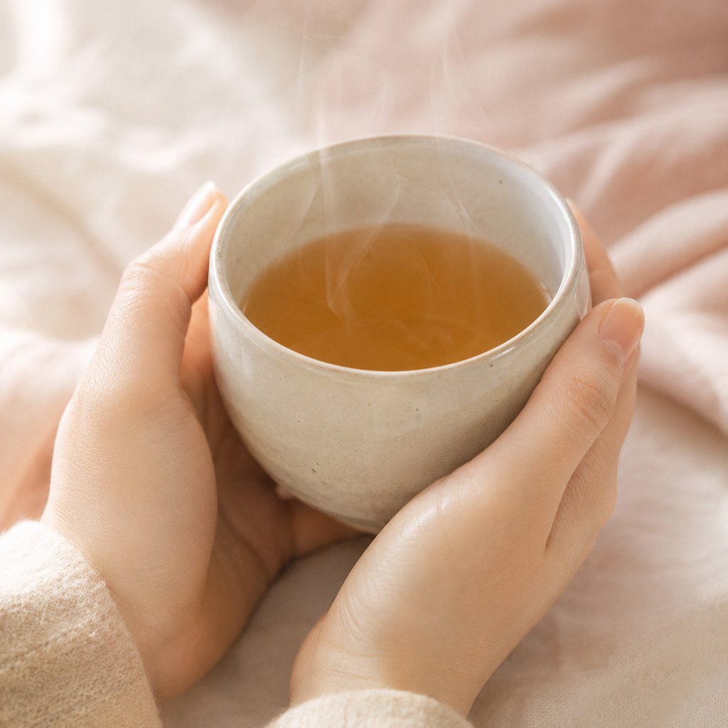 両手で包むように持った温かい漢方茶のカップ