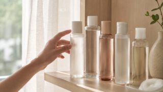 窓辺の木の棚に並んだ複数の無地の化粧水ボトルと、ひとつを手に取ろうとする手元