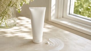 窓辺の机に置かれた日焼け止めのチューブと白いクリーム。ノンケミカル日焼け止めのイメージ