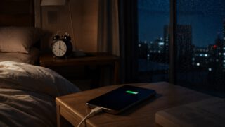ローテーブルで充電中のスマホと目覚まし時計