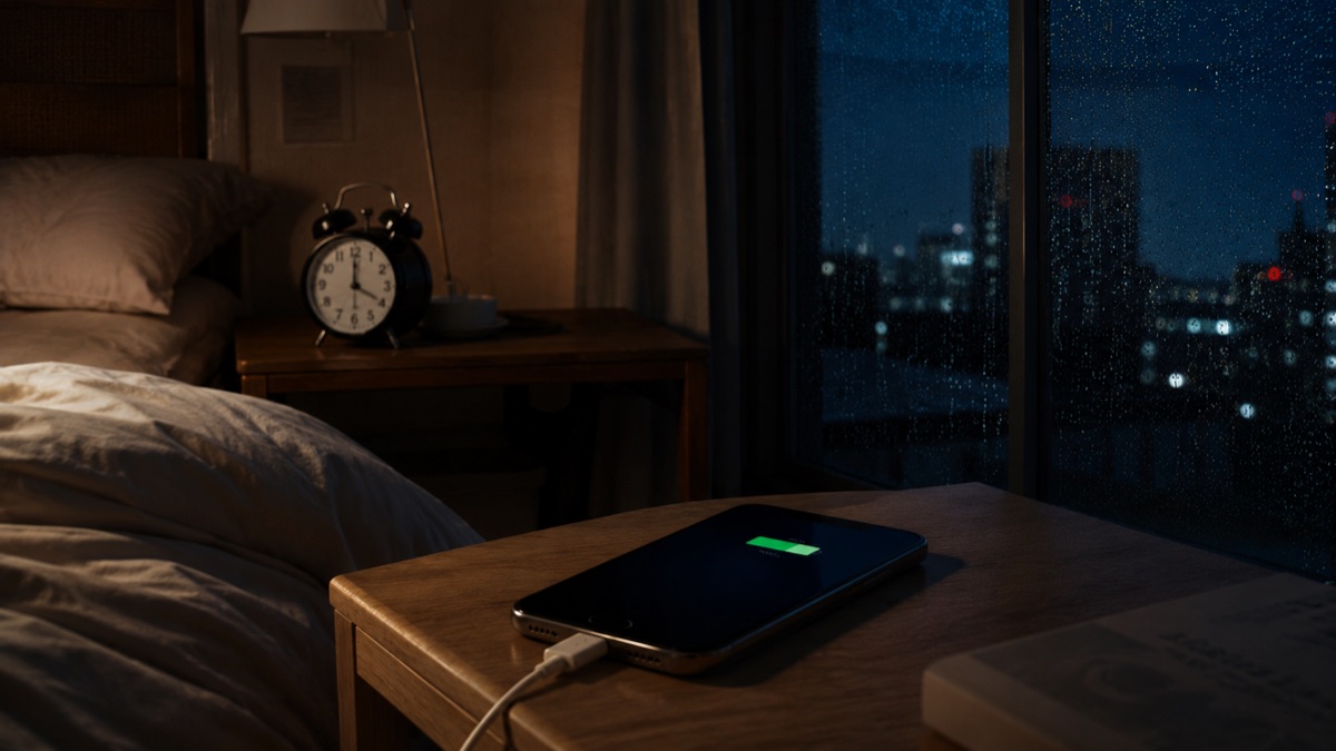 ローテーブルで充電中のスマホと目覚まし時計