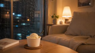 雨の夜のソファとバニラアイス
