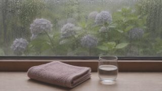 雨粒のついた窓と紫陽花、窓辺の畳んだタオルと水のグラス