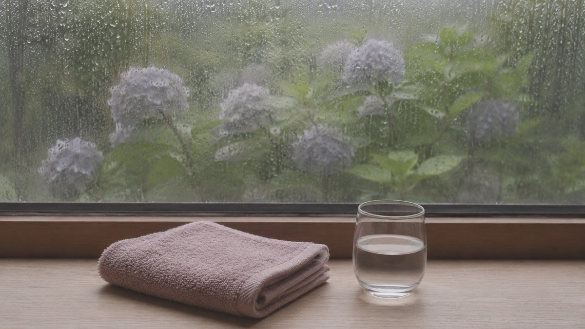 雨粒のついた窓と紫陽花、窓辺の畳んだタオルと水のグラス