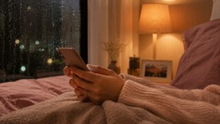 雨の夜にベッドでスマホを見る様子