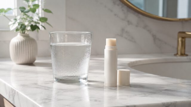 洗面台に置いたリップクリームとコップの水