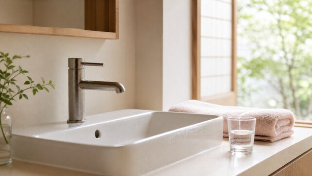 夏の朝、自然光が差し込む洗面台。白い洗面ボウルと水滴のついた蛇口、たたんだ淡いピンクのタオルとコップ