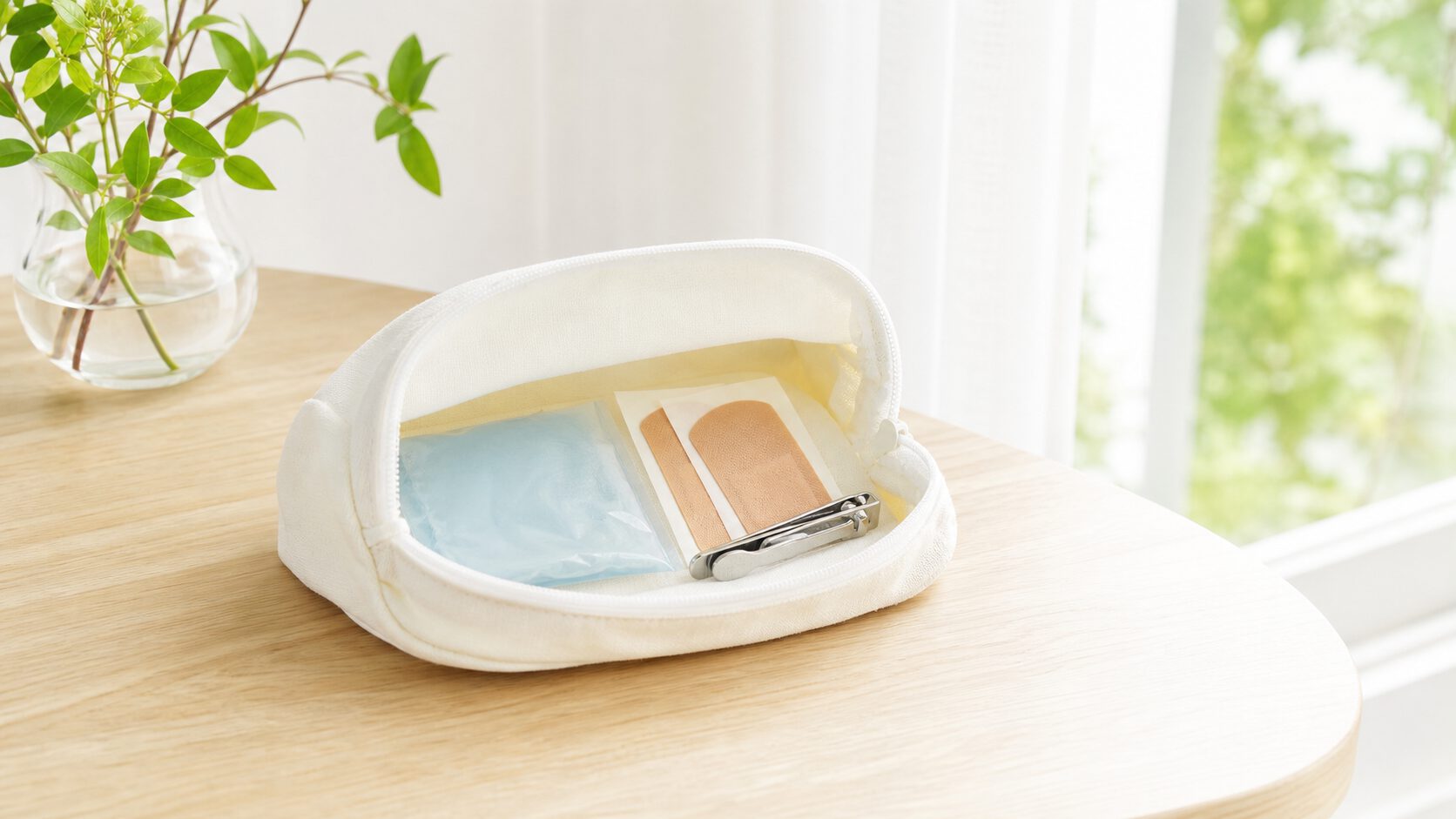 夏の木のテーブルに置かれた保冷剤と絆創膏と爪切りのポーチ