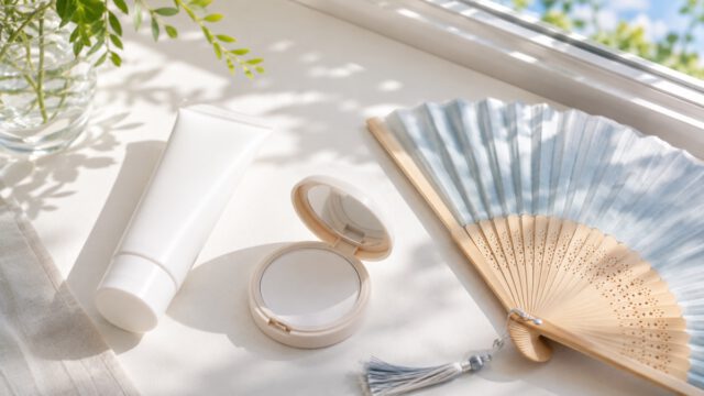 日焼け止めとUVパウダー、扇子を置いた夏の窓辺