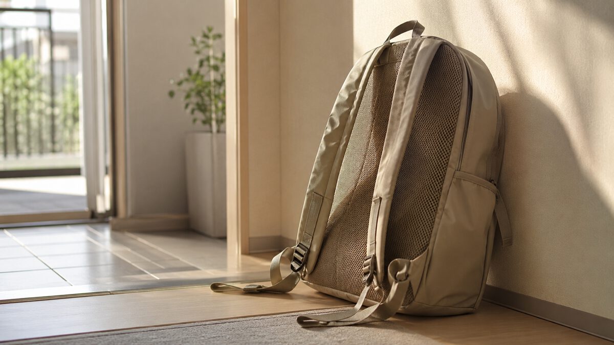 玄関に置いたメッシュ背面のリュック