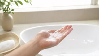 洗面器の上で泡立てたクレンジングオイルを持つ手