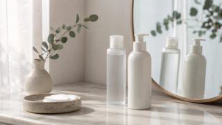 鏡の前に並んだ化粧水と乳液のボトル