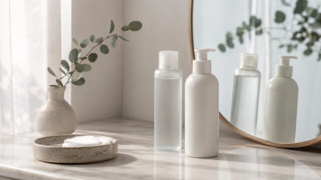 鏡の前に並んだ化粧水と乳液のボトル