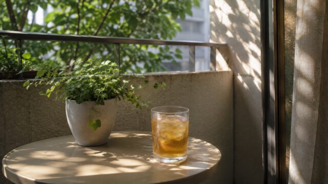 ベランダのテーブルに置いた麦茶と観葉植物