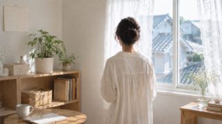 窓辺の朝、まとめ髪でスキンケアの整った明るい部屋に立つ 敏感肌の管理人はるか（後ろ姿）