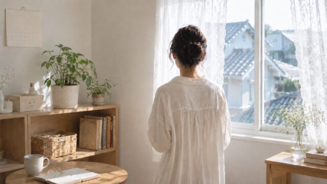 窓辺の朝、まとめ髪でスキンケアの整った明るい部屋に立つ 敏感肌の管理人はるか（後ろ姿）